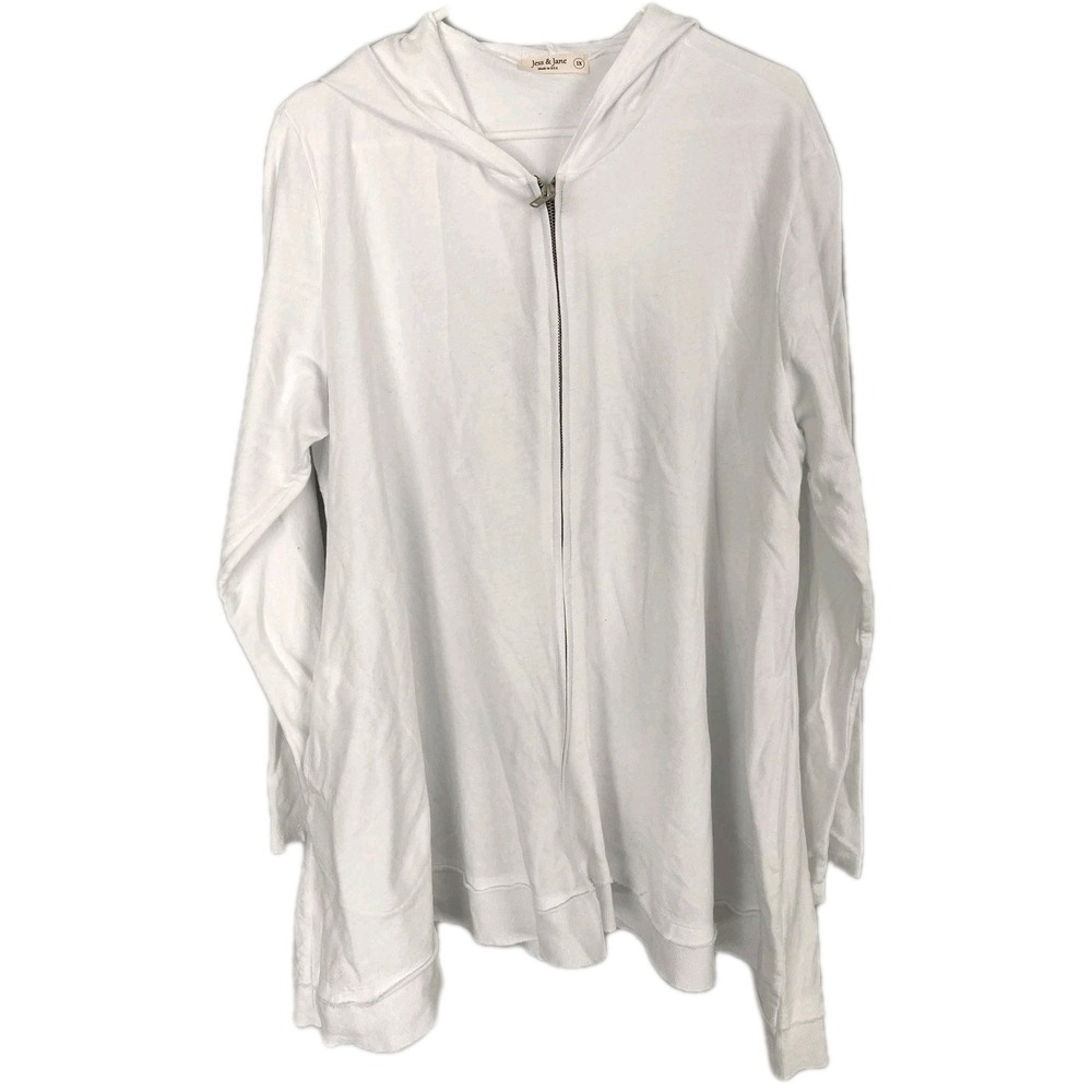 Jess & Jane Jacket Womens 1X White 100% Cotton French Terry Hooded Full Zip USA